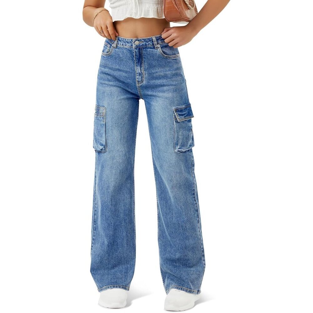 Women High Waisted Cargo Jeans 99% Cotton 6 Pockets Wide Leg Casual Pants